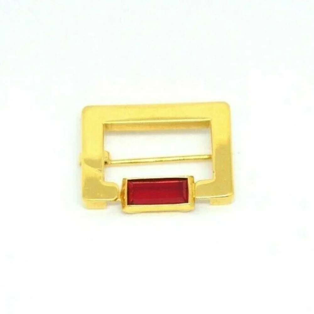 Red Glass Rhinestone Gold Tone Rectangle Openwork